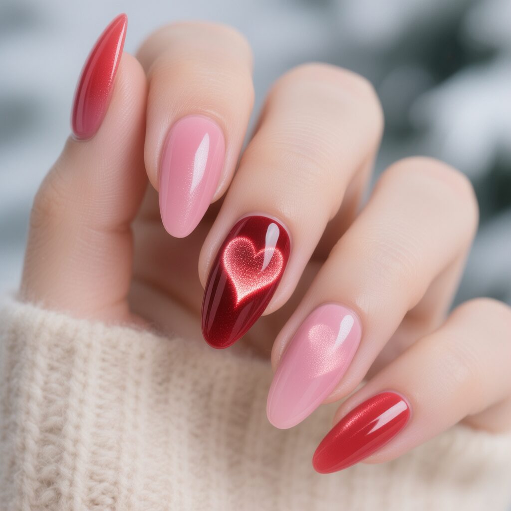 Cat eye nails with heart-shaped magnetic design on accent nail