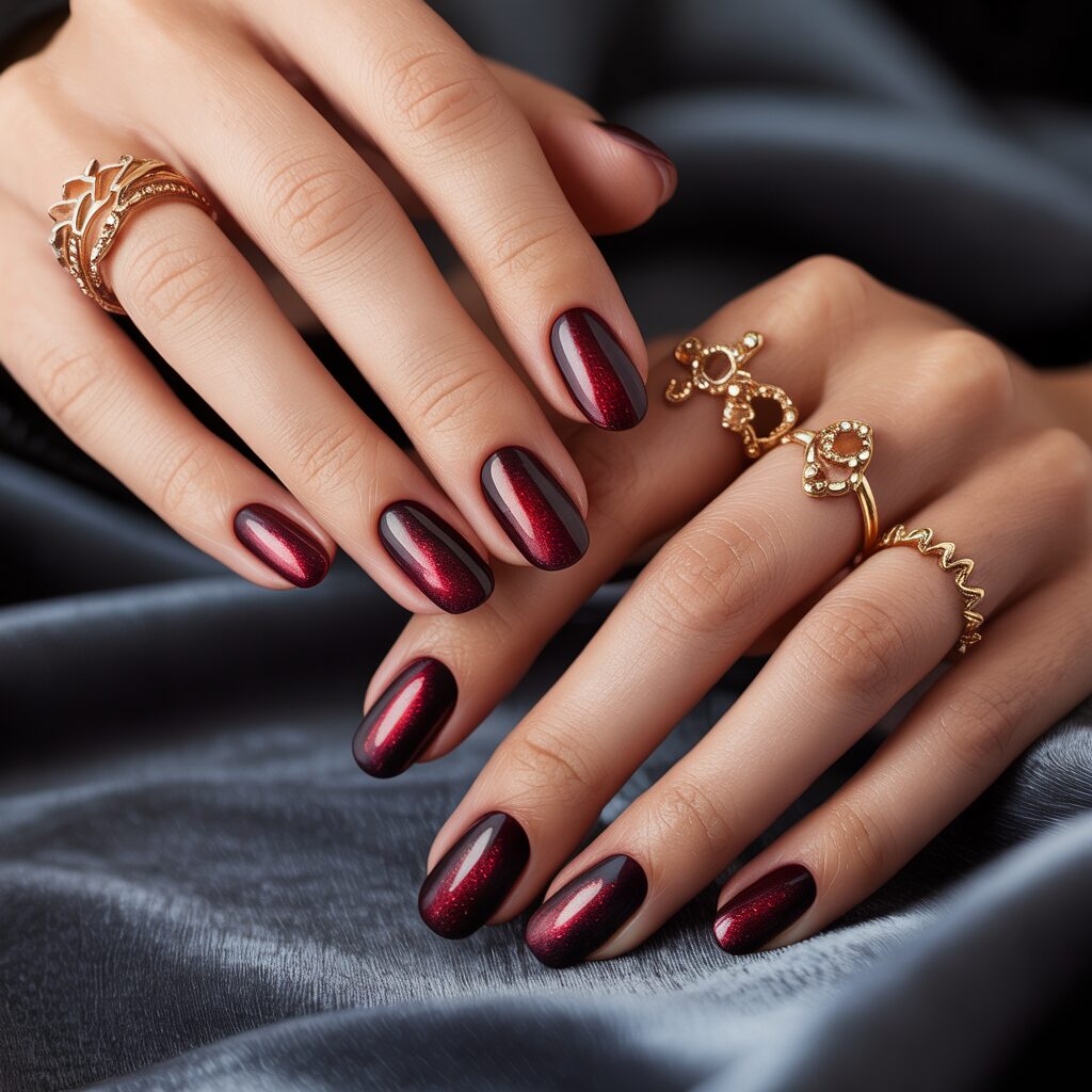 Deep red and maroon cat eye nails with rich magnetic shimmer, winter holiday manicure style