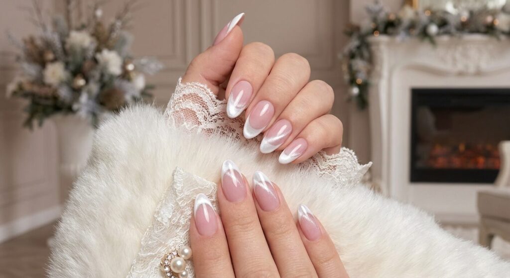 French tip cat eye nails with soft pink base and white tips