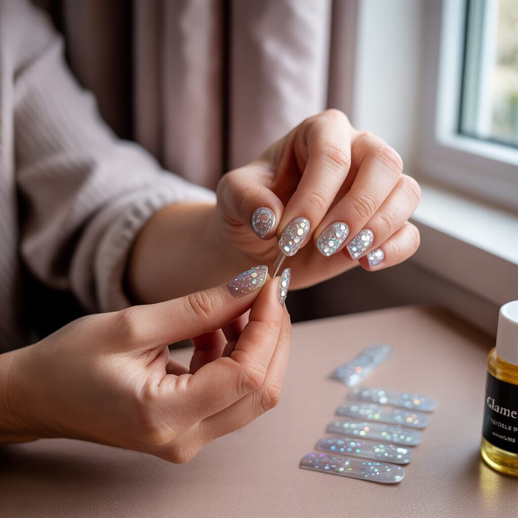 A person applying Glamnetic press on nails with a close-up view of the adhesive tabs and nails