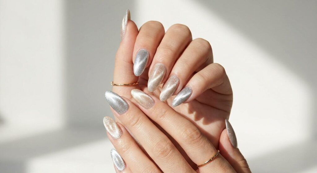 Silver and champagne cat eye nails with soft reflective shimmer, elegant neutral manicure