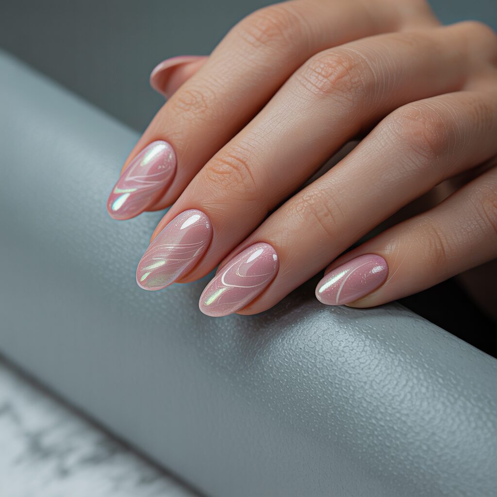 Pink cat eye nails in soft blush and rose tones, magnetic shimmer effect,