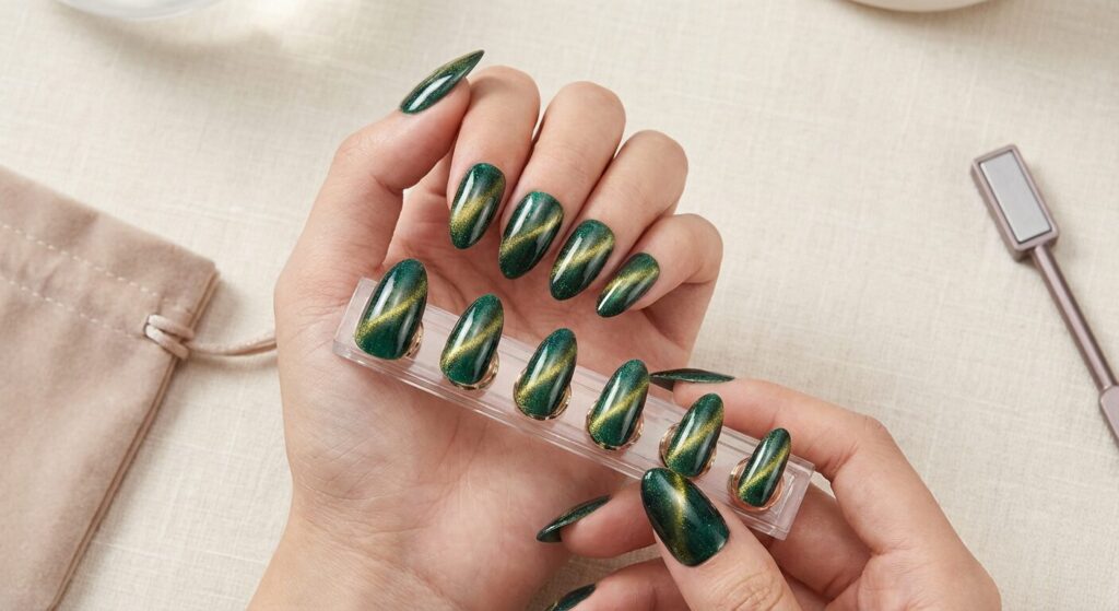 Press-on cat eye nails displayed on hands and nail stand, glossy magnetic shimmer effect,