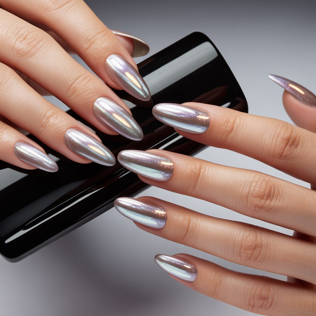 Press-on cat eye nails displayed on hands and nail stand, glossy magnetic shimmer effect,