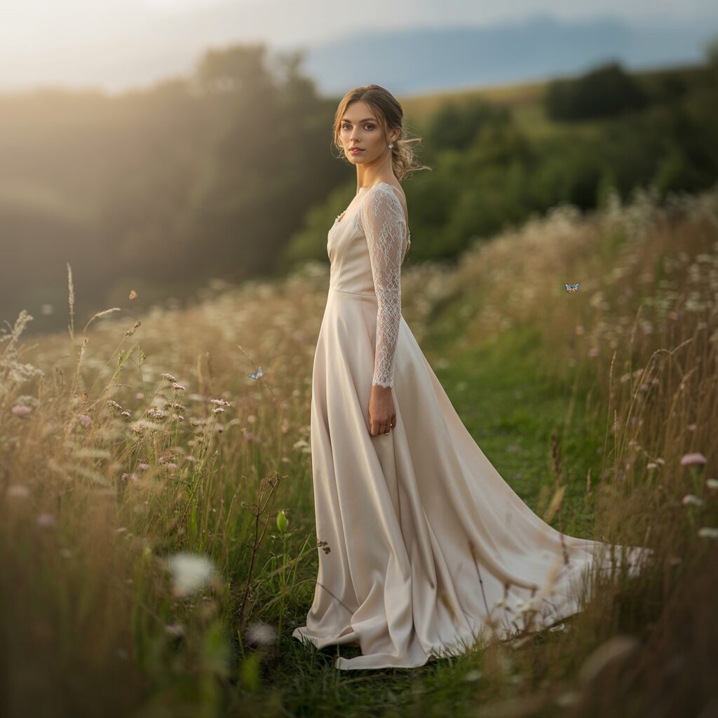 Elegant A line long sleeve wedding dress with a timeless and flattering bridal silhouette