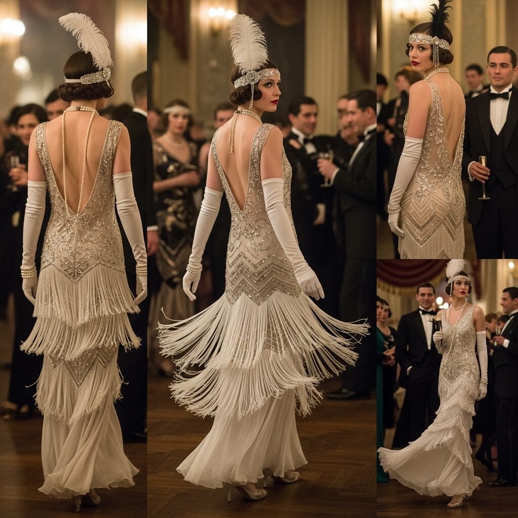 Elegant 1920s evening gown with elaborate beading and sequin work for formal events