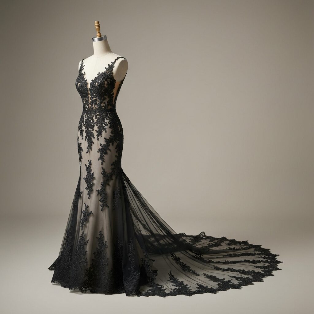 Side view of black mermaid wedding dress with dramatic lace and chapel train