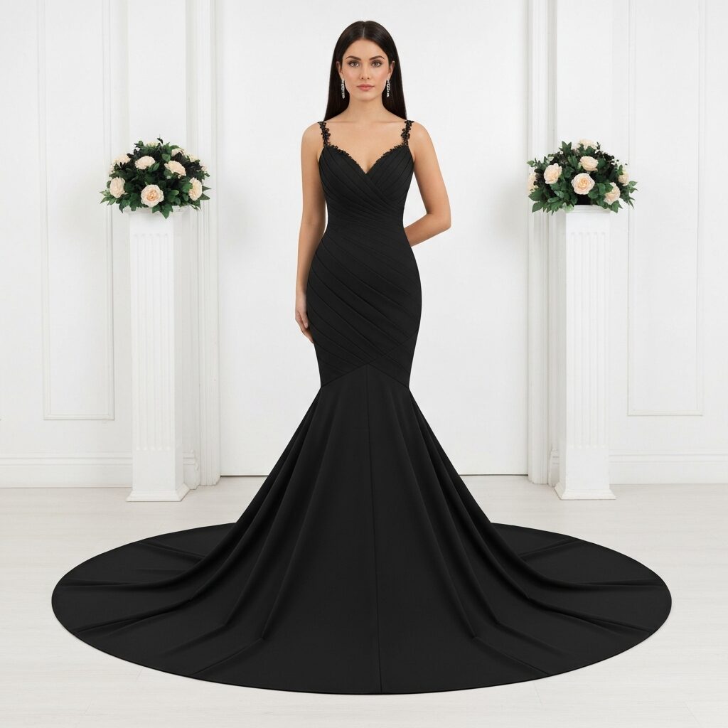 Back view of black mermaid wedding dress highlighting dramatic design