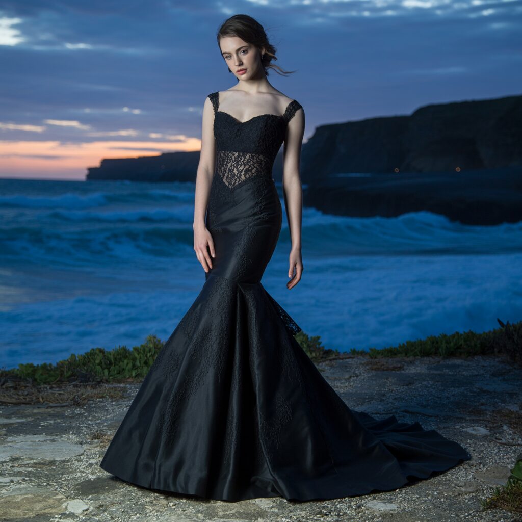 Black mermaid wedding dress for bold statement at formal evening ceremony