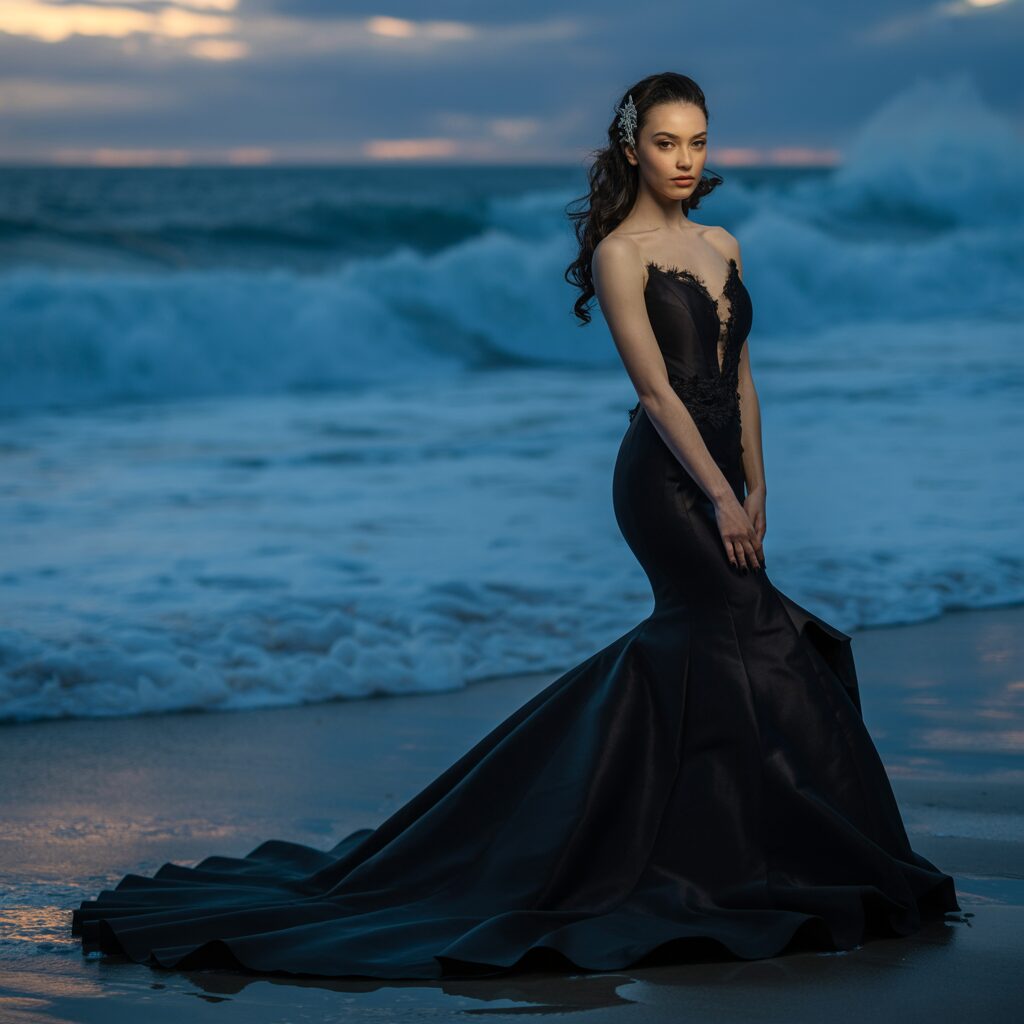 Elegant black mermaid wedding dress with fitted full-length silhouette