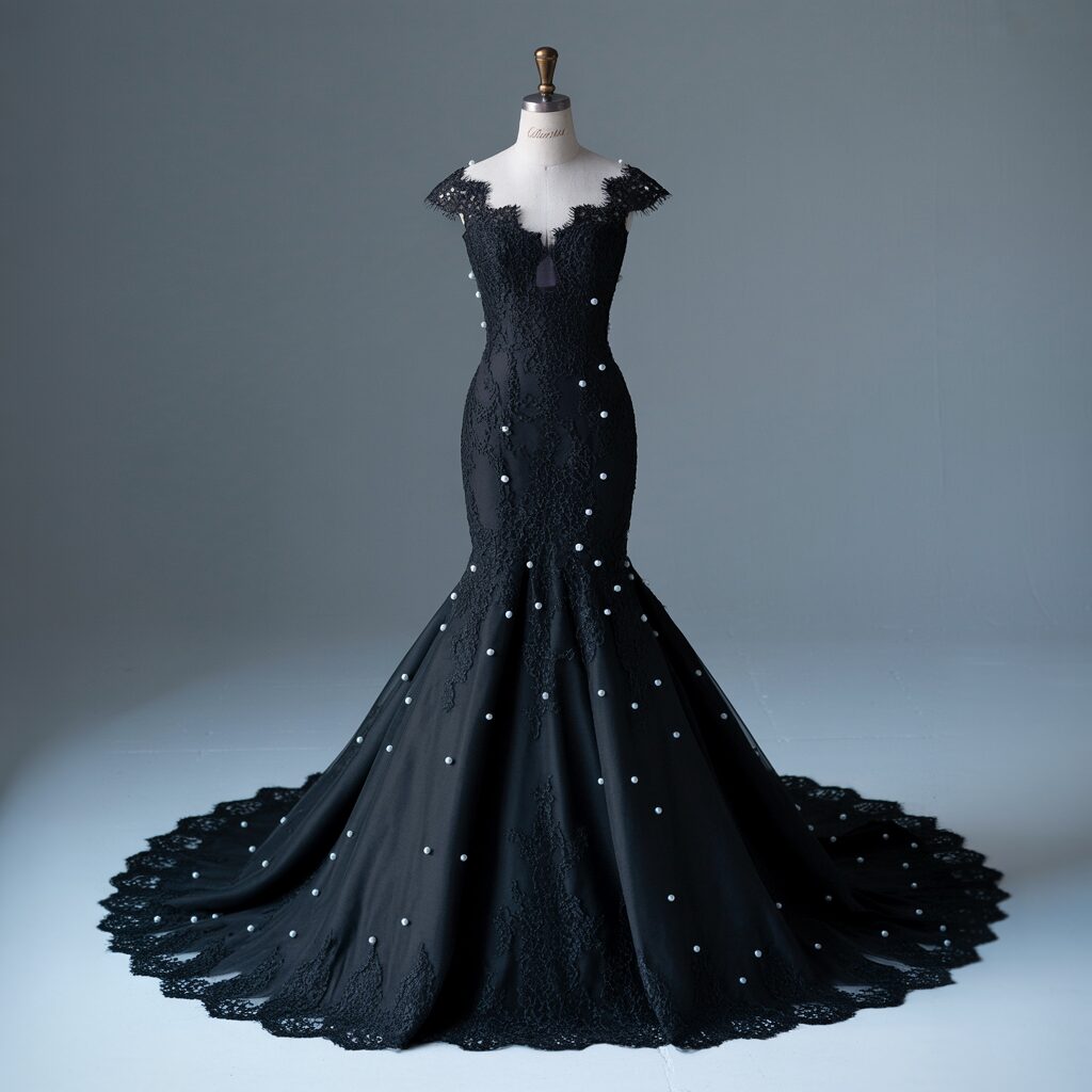 Back view of black mermaid wedding dress on mannequin featuring chapel length train