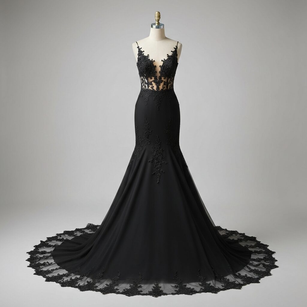Black mermaid wedding dress on mannequin with lace detailing and chapel length train, front view
