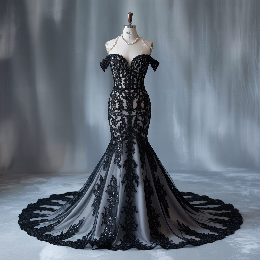 Full shot of black mermaid wedding dress on mannequin with chapel length train against neutral backdrop