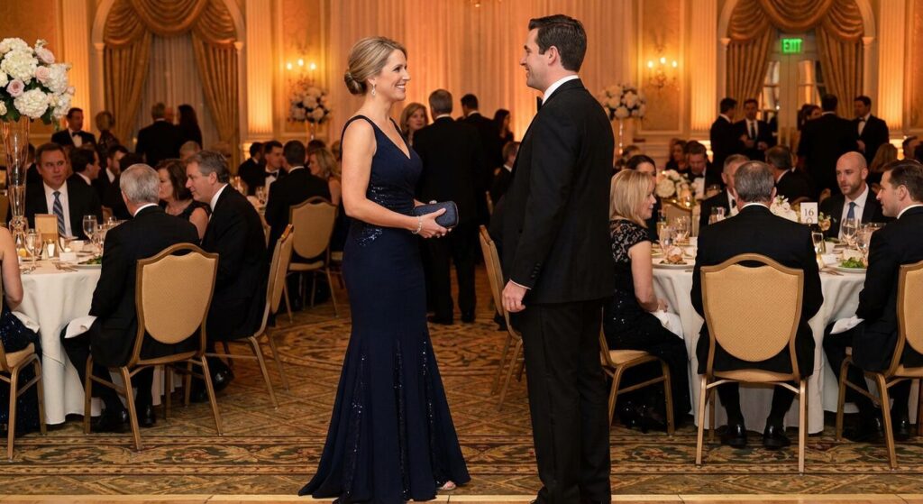 A-line evening dress worn at a black tie gala night