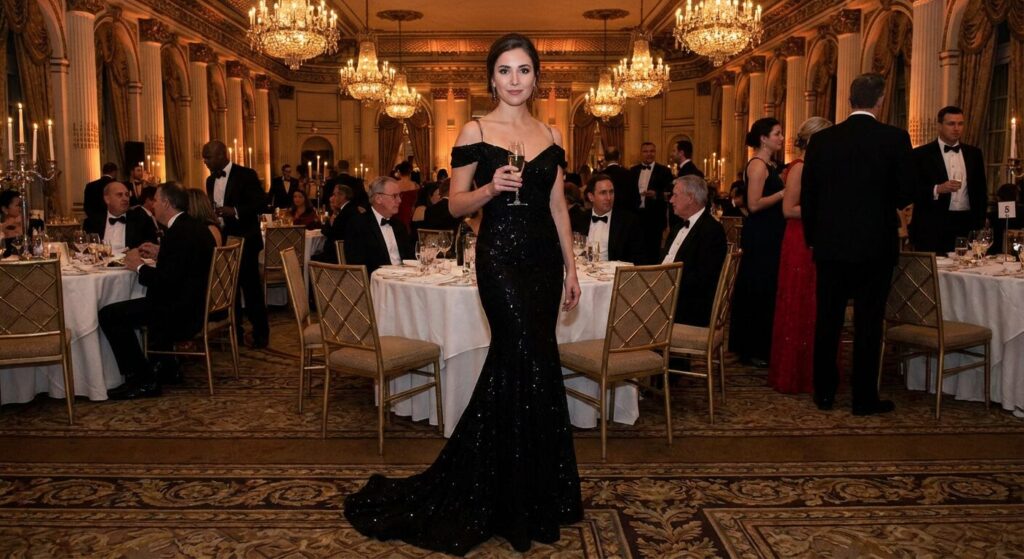 Floor length black dress perfect for a black tie gala