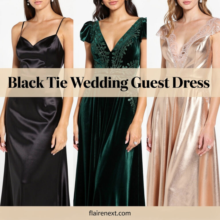 A collection of elegant black tie wedding guest dresses in different colors and fabrics for every season.