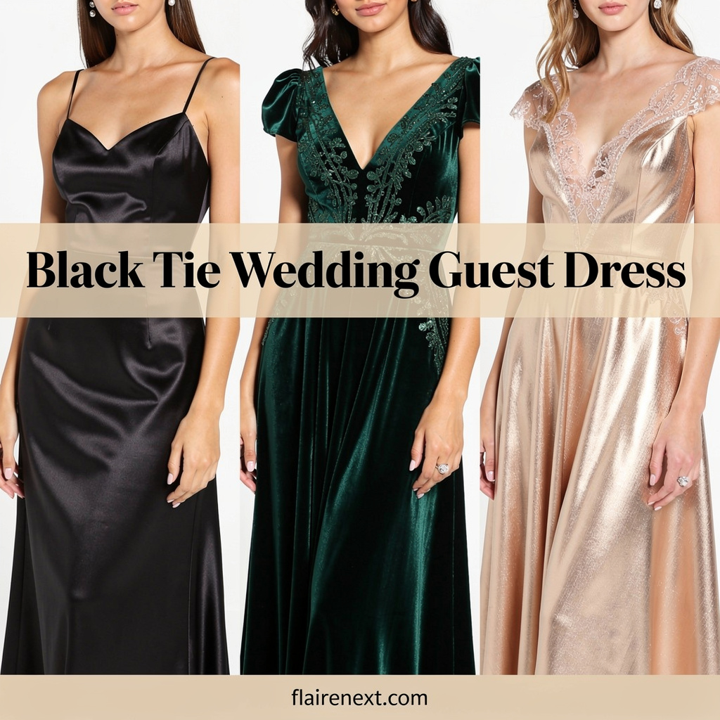 A collection of elegant black tie wedding guest dresses in different colors and fabrics for every season.