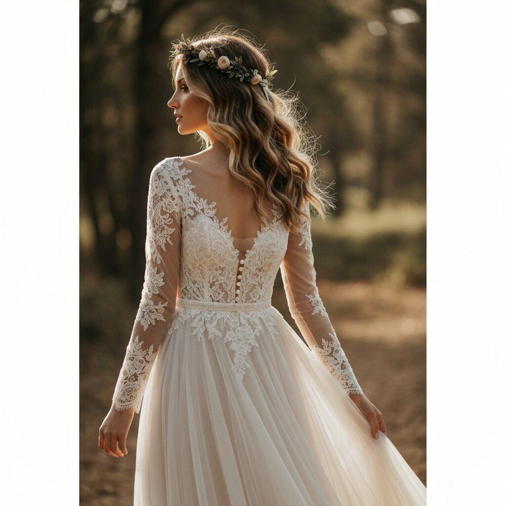 Bohemian long sleeve wedding gown featuring a vintage and effortless bridal style