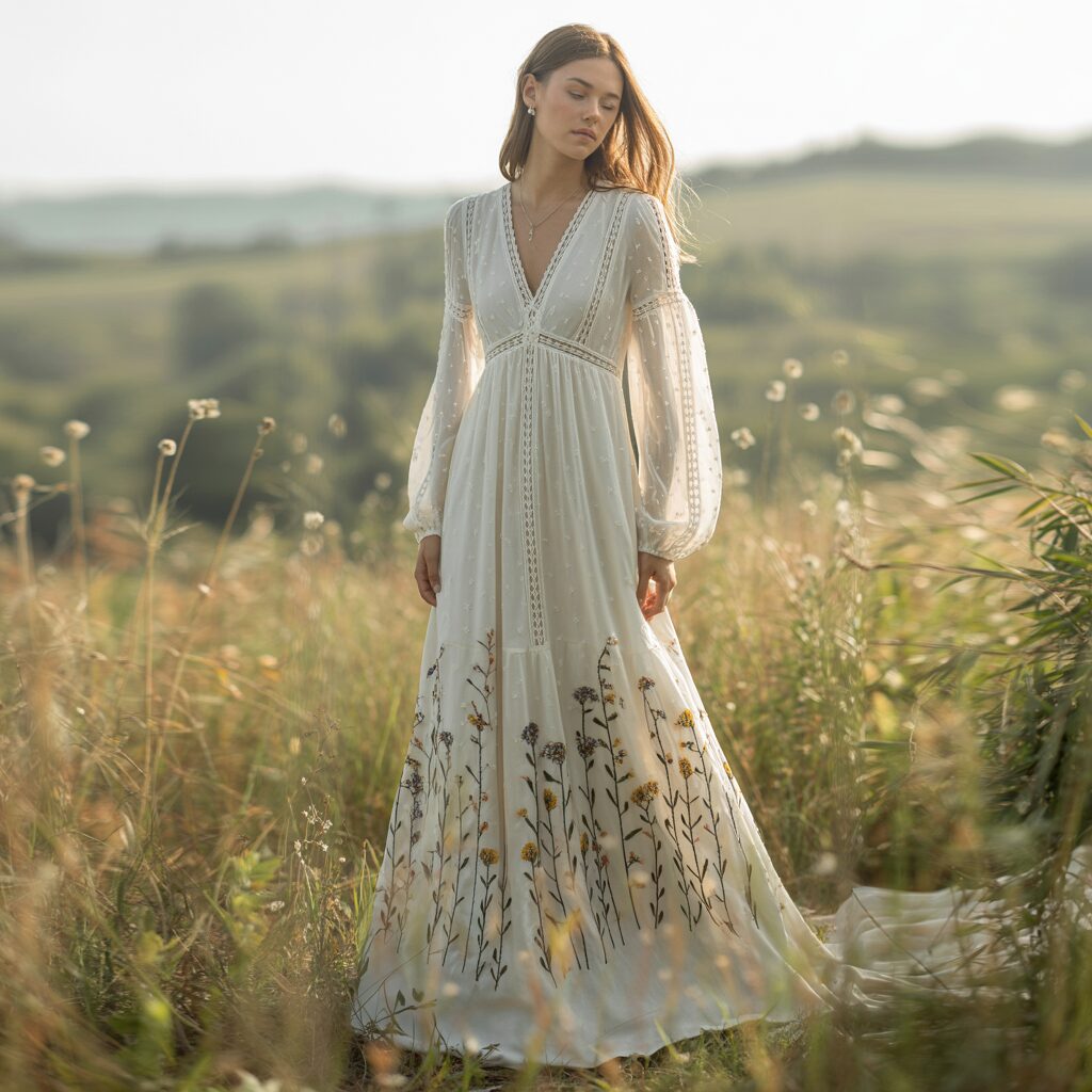 Romantic boho long sleeve wedding dress with a relaxed and free-spirited bridal look