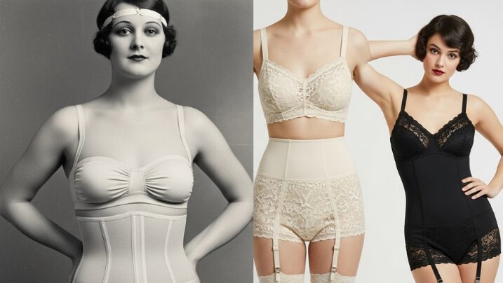 Undergarments of the 1920s creating the smooth, boyish silhouette demanded by fashion
