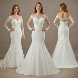 Mermaid wedding dress with illusion sleeves and delicate lace overlay