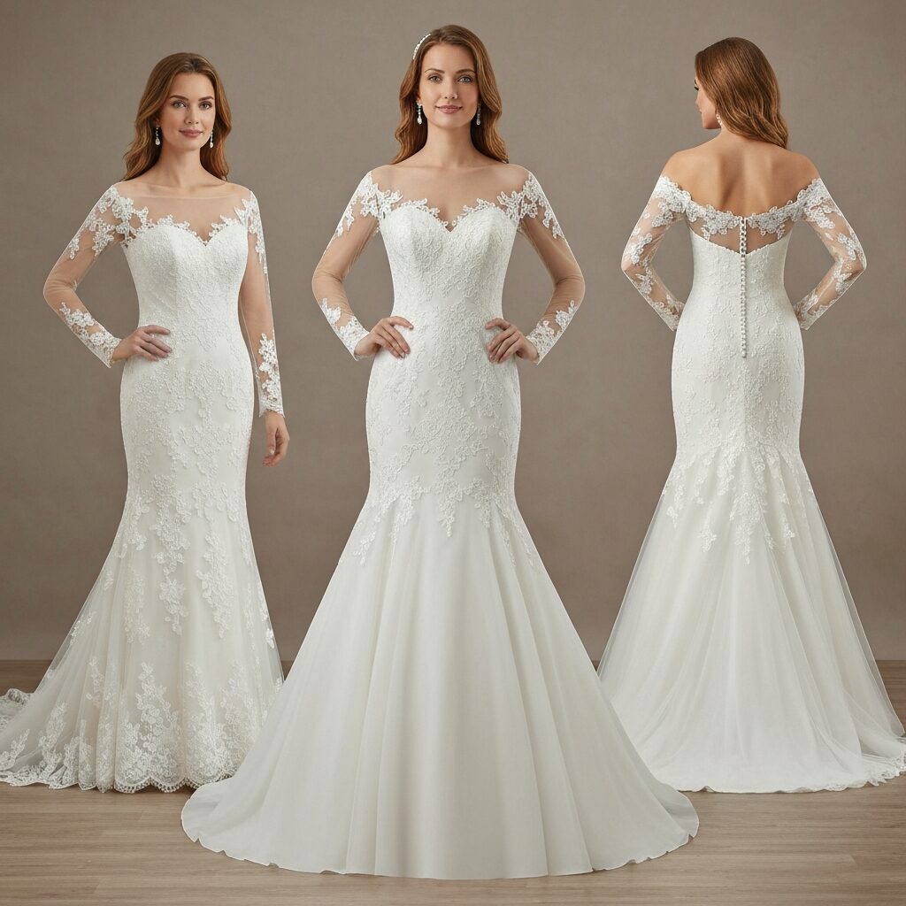 Mermaid wedding dress with illusion sleeves and delicate lace overlay