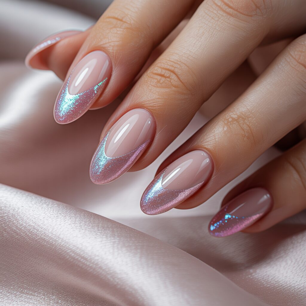 cat eye nails design in pink and silver with magnetic shimmer effect