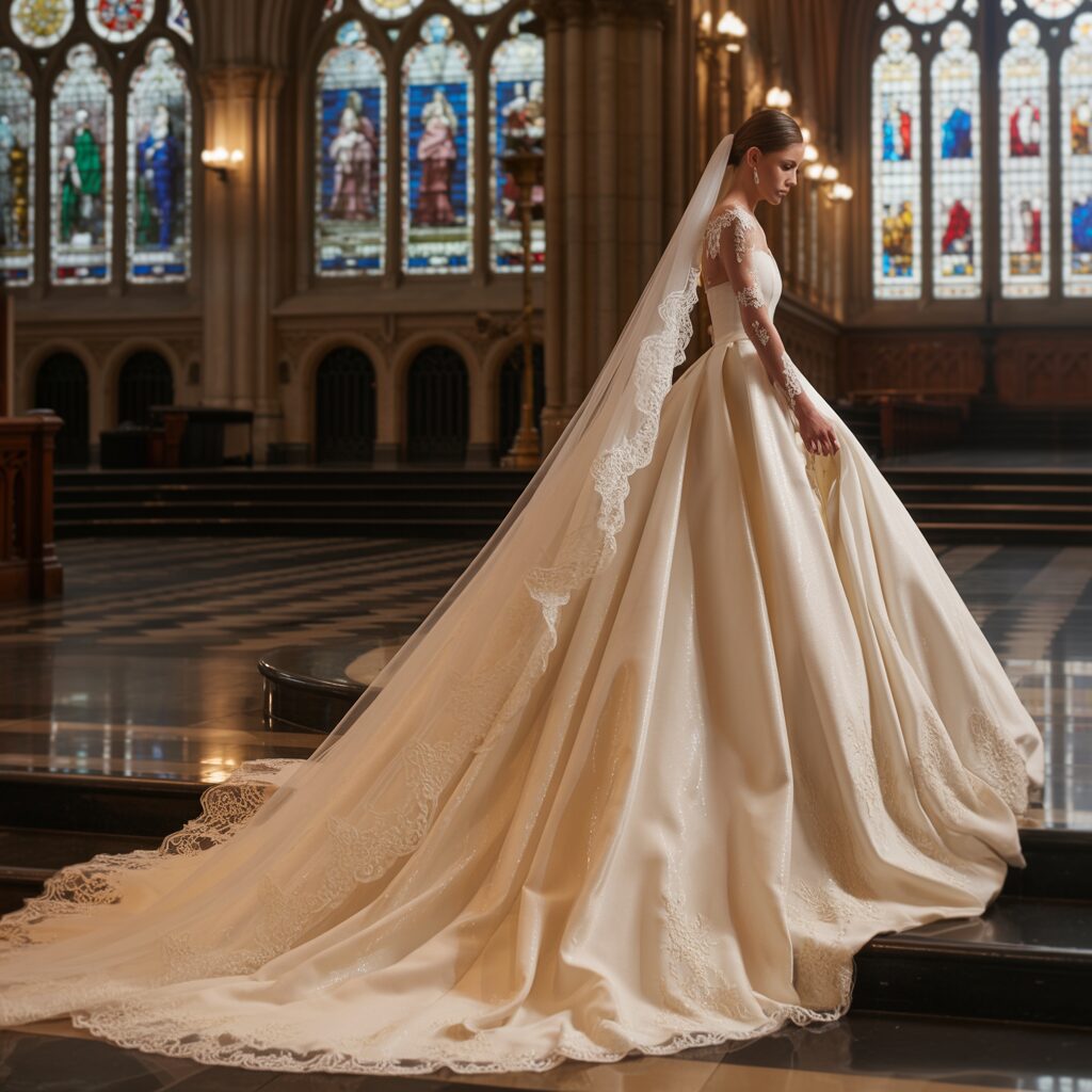 Wedding dress with cathedral length train for formal church ceremony