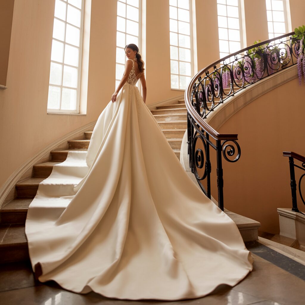 Formal wedding dress with long cathedral train creating dramatic impact