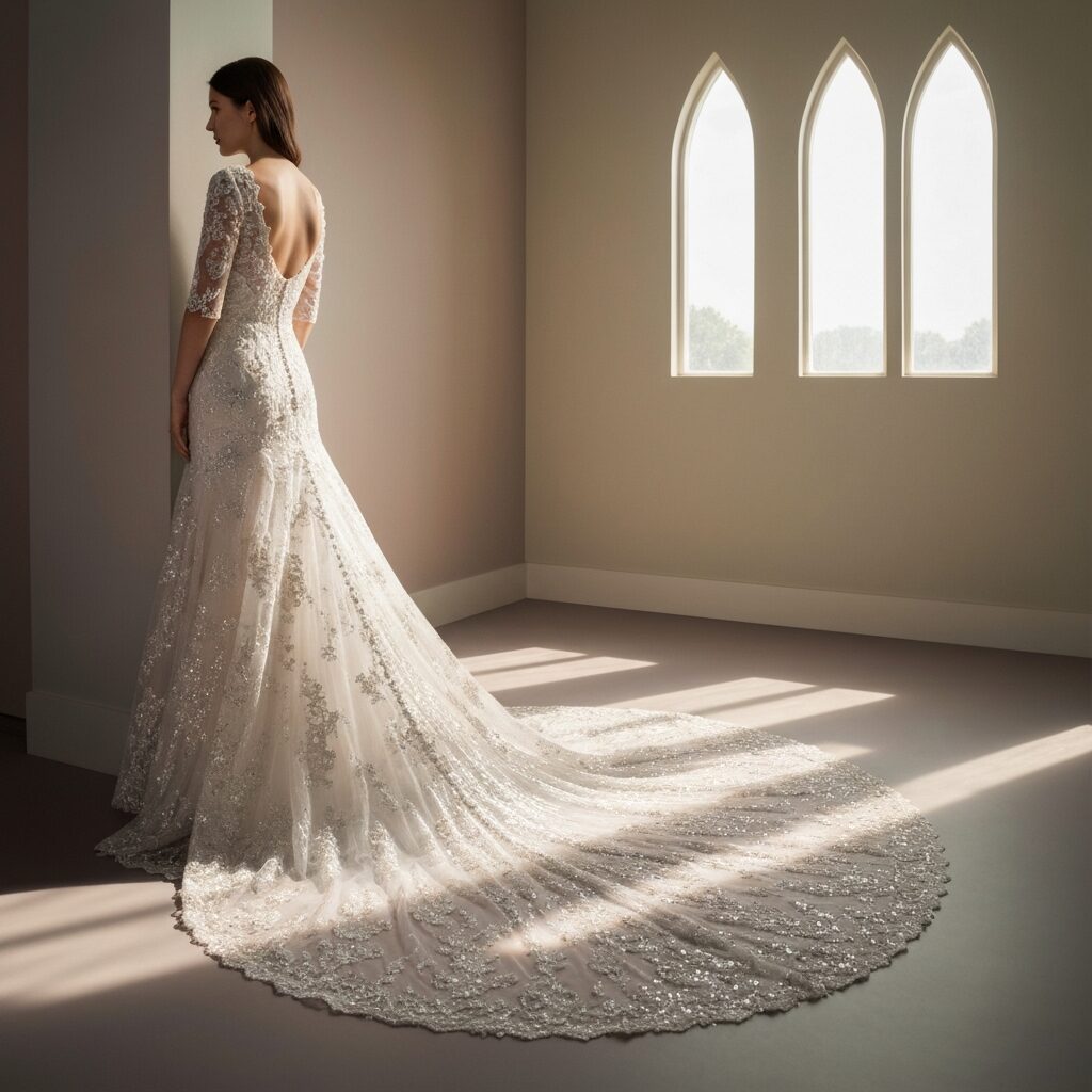 Wedding dress with chapel length train offering elegant and balanced drama