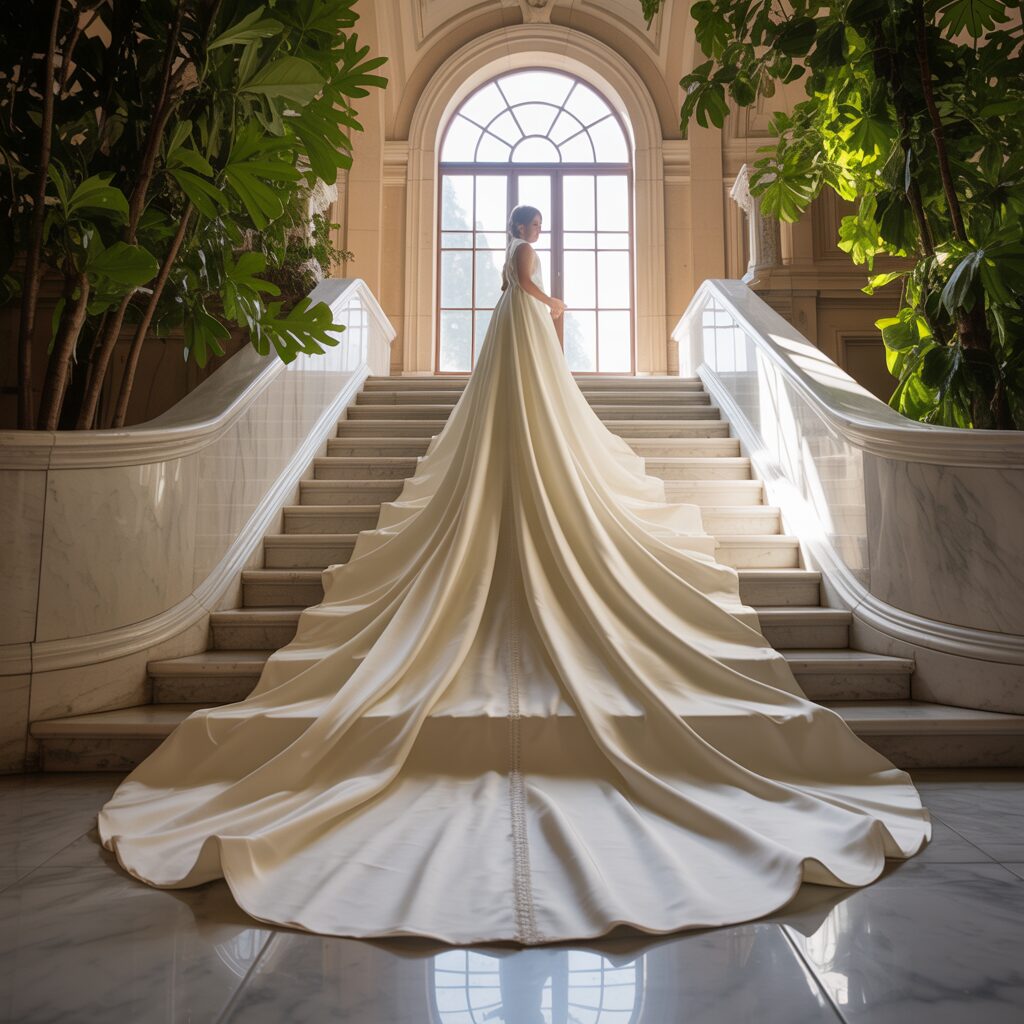 Back view of bridal gown with chapel length train for easy movement