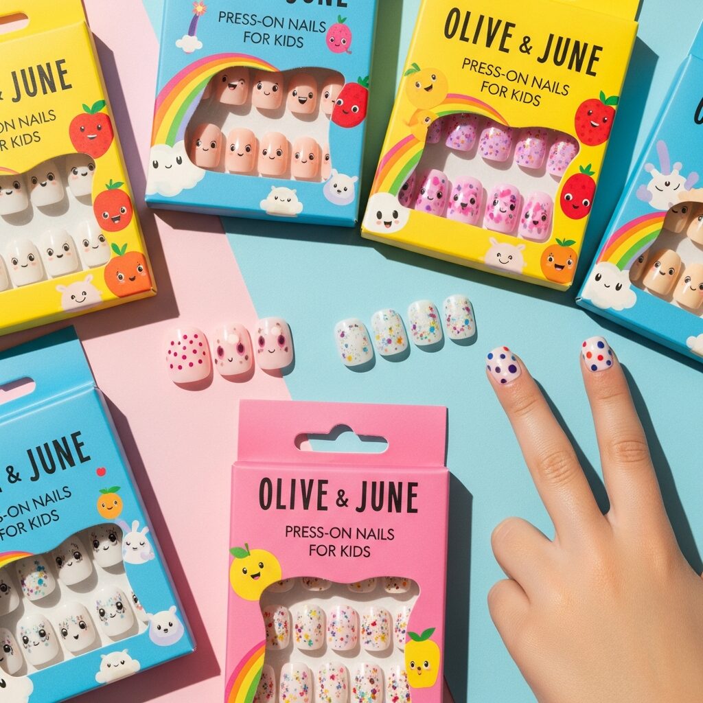 Child-friendly Olive and June press-on nail kit with simple application and removable designs