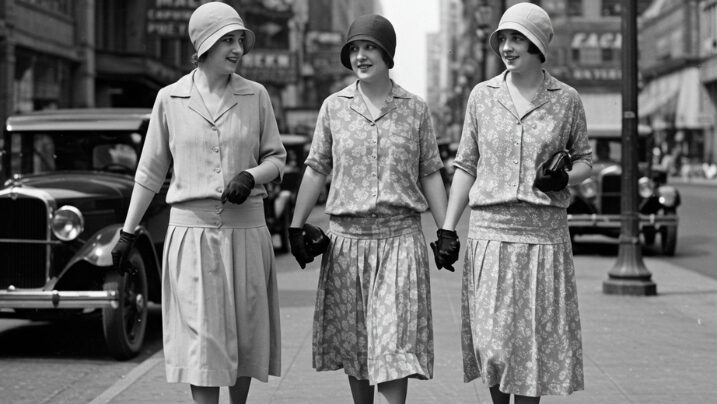 1920s women dressed in cloche hats and sensible oxford shoes for everyday city wear
