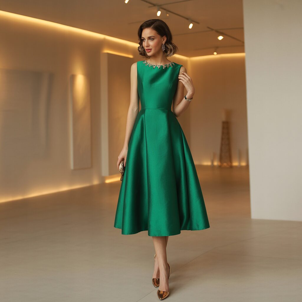 Elegant midi dress styled for cocktail attire events