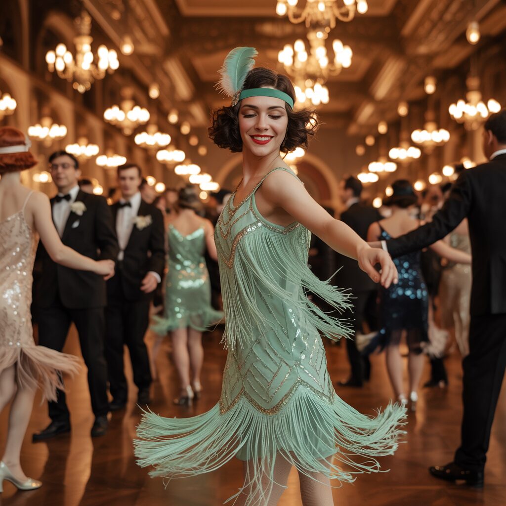 Cocktail party 1920s style dress with luxurious fabric and intricate embellishments