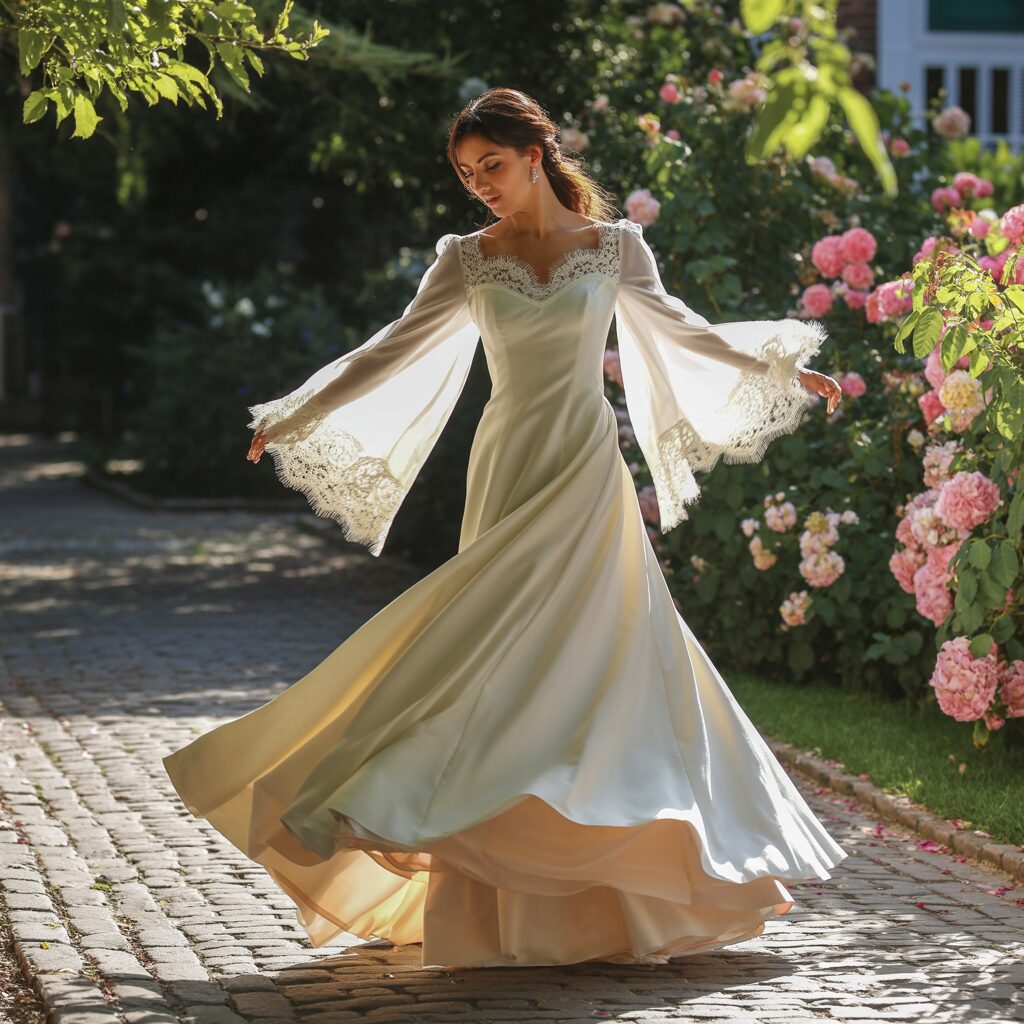 Comfortable bridal gown with sleeves allowing the bride to move freely and enjoy her wedding celebration