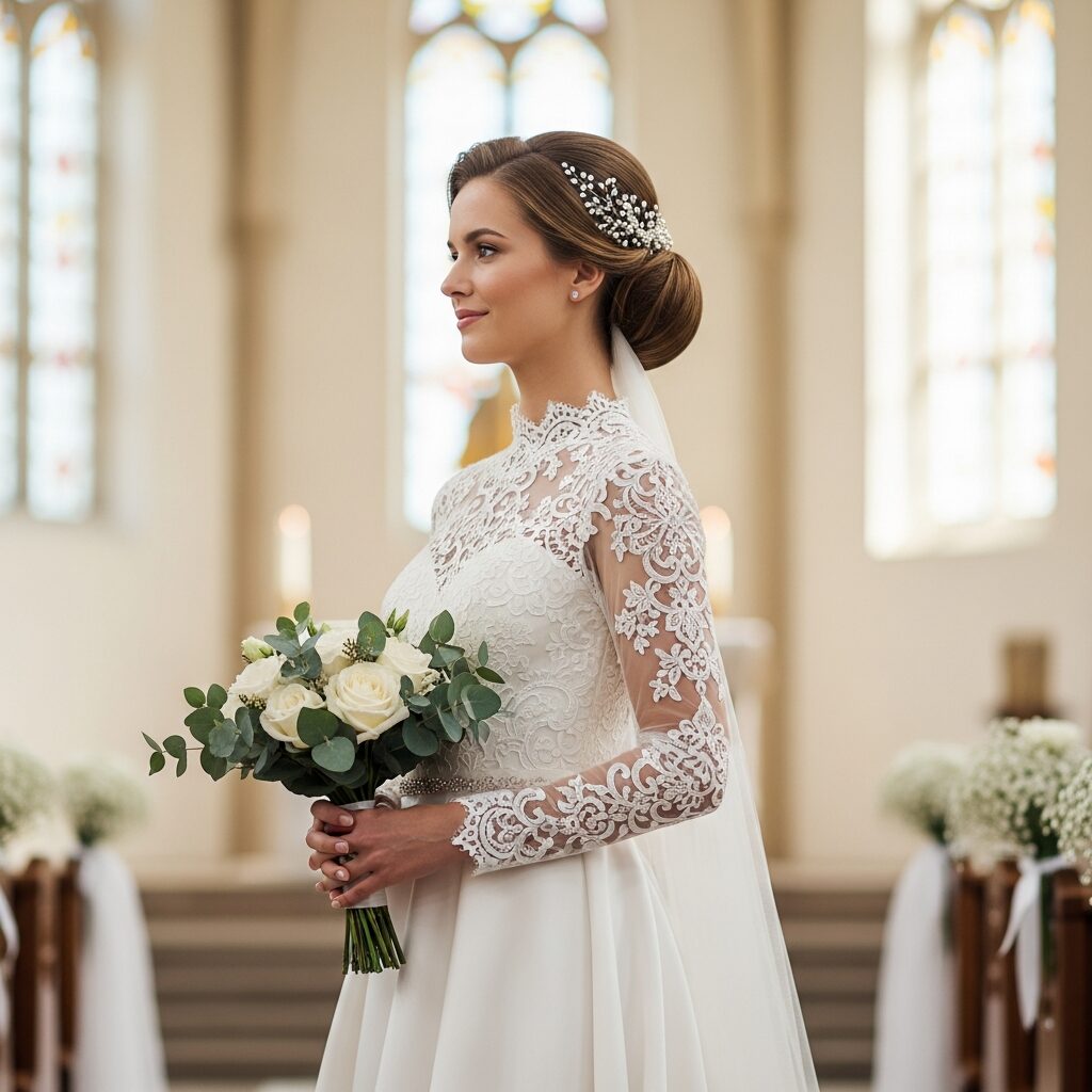 Classic conservative long sleeve wedding gown perfect for brides seeking a modest and timeless style