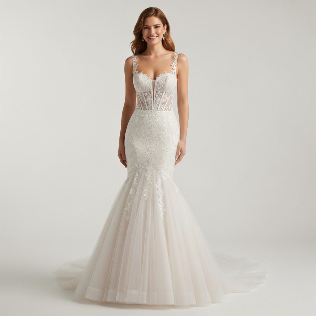 Mermaid wedding dress featuring structured corset bodice