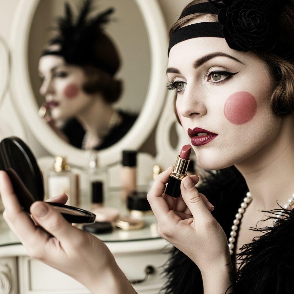 Cupid’s bow lipstick in red and dark berry shades popular in 1920s makeup styles
