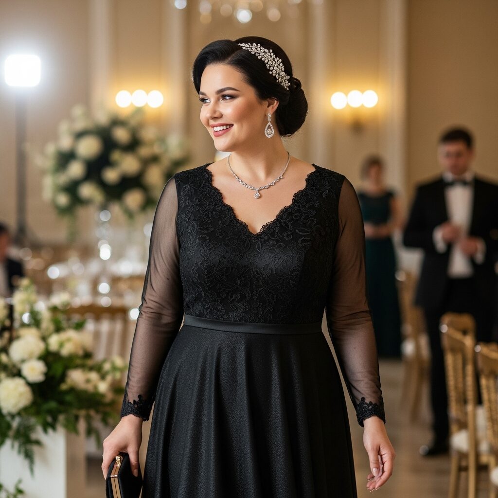 Stylish curvy black tie wedding guest dress with elegant fit and luxurious fabric, perfect for formal occasions