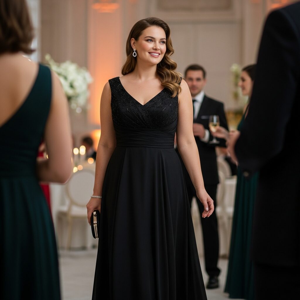 Formal plus size black tie wedding guest dress with flattering design and sophisticated style for special events