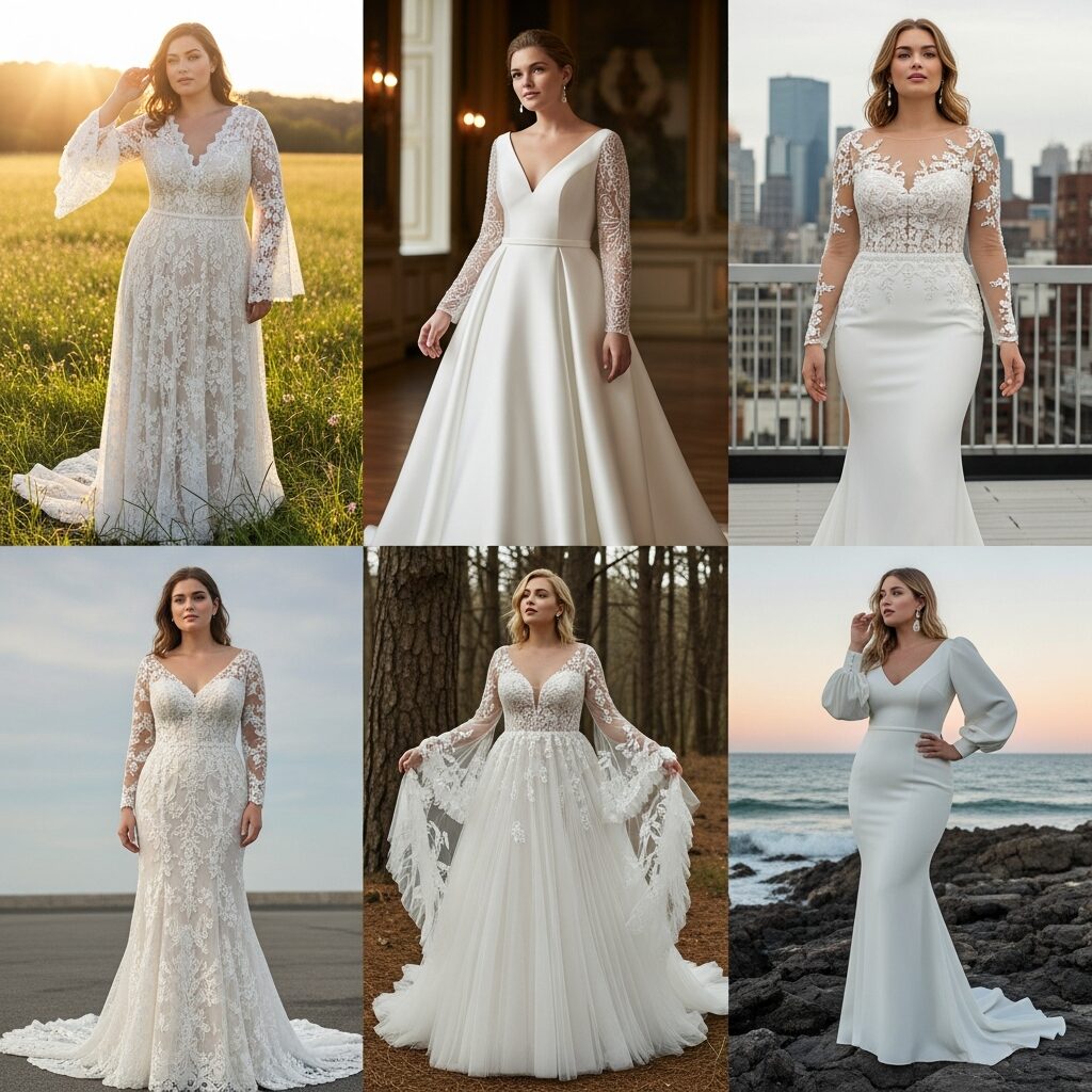 Beautiful long sleeve wedding gown for plus size and curvy brides with a classic look