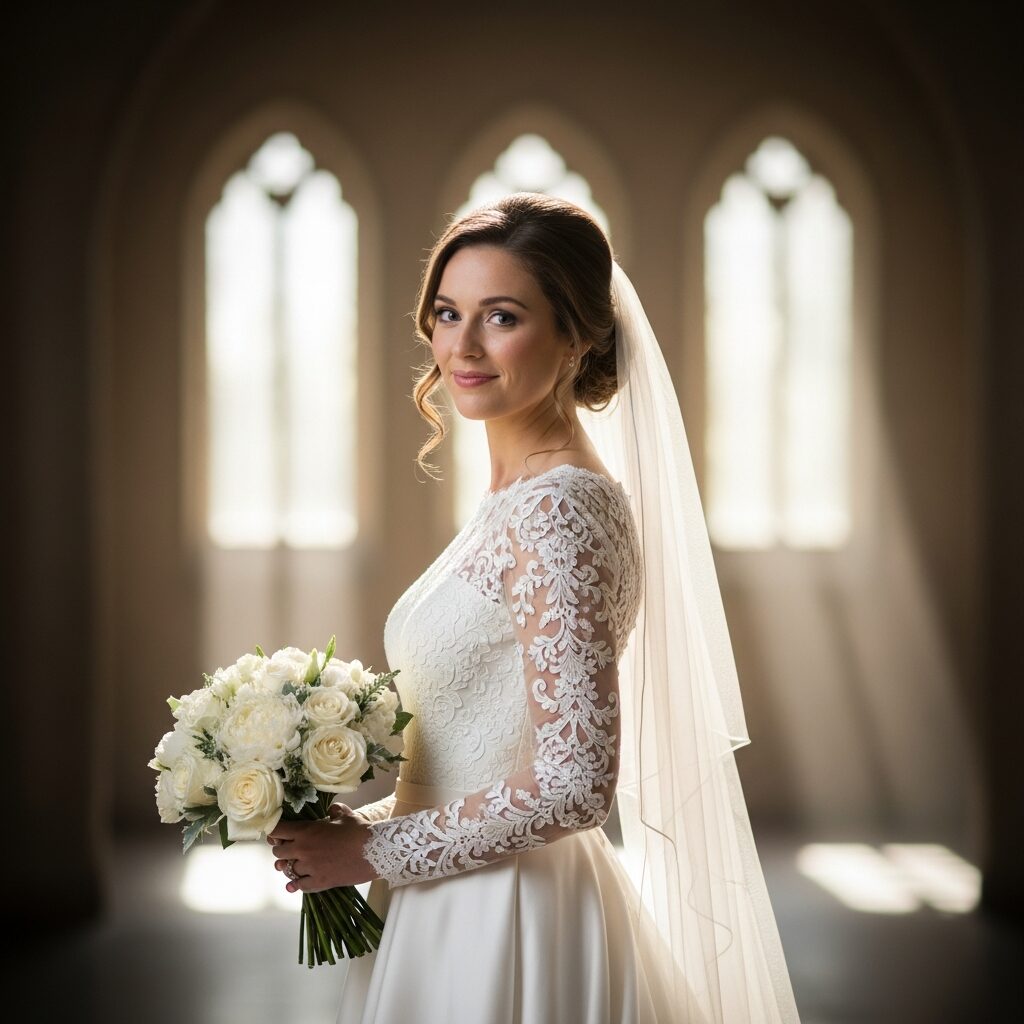 Elegant bridal gown with refined sleeves showcasing classic and timeless wedding style