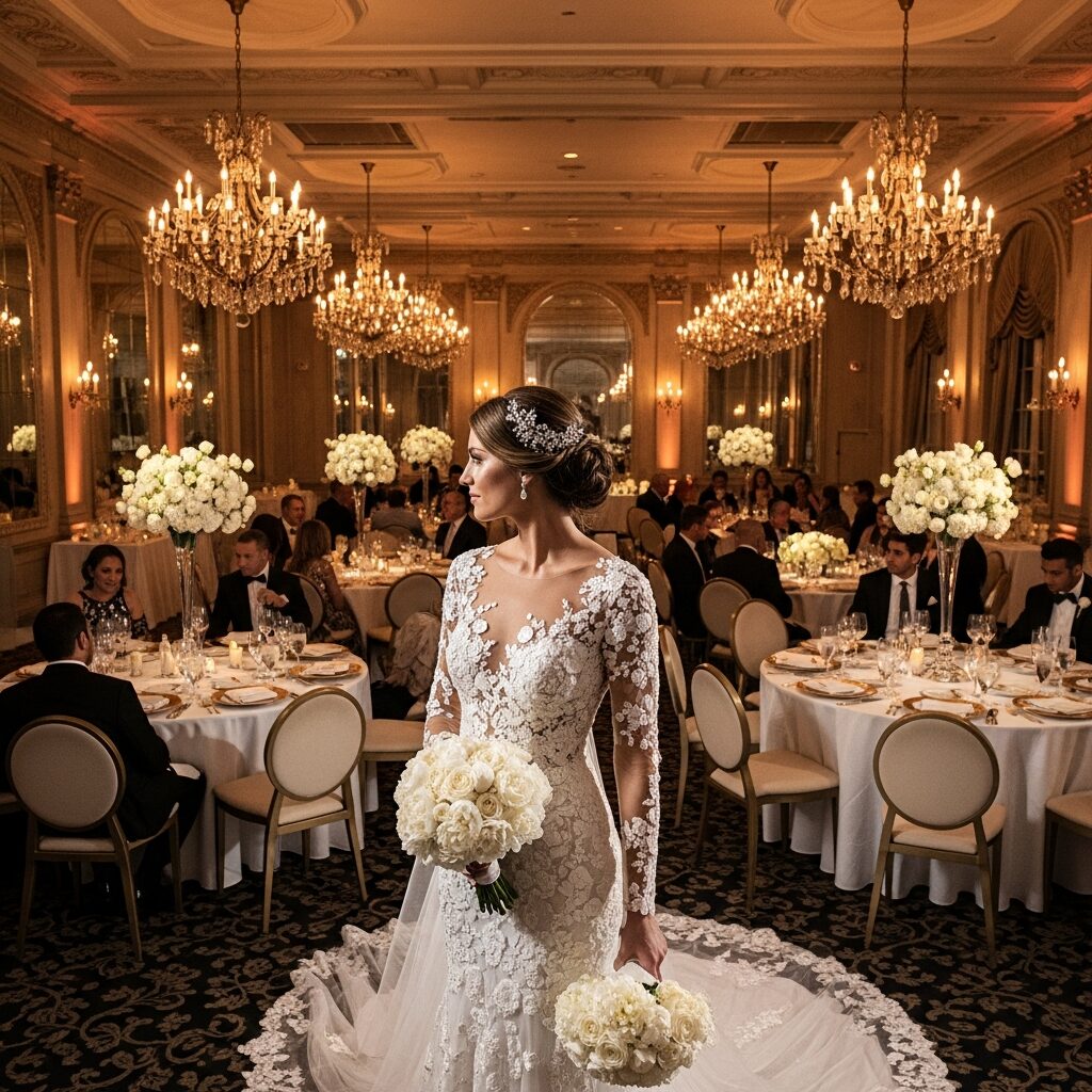 Elegant long sleeve wedding dress with beadwork in formal ballroom wedding setting