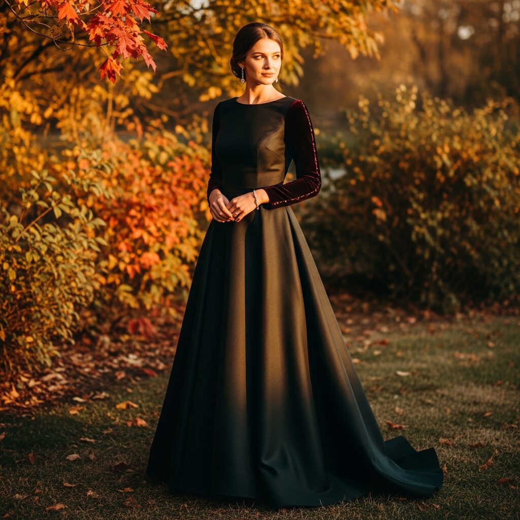 Elegant fall black tie wedding guest dress in warm tones with long sleeves and luxurious fabric, perfect for autumn celebrations