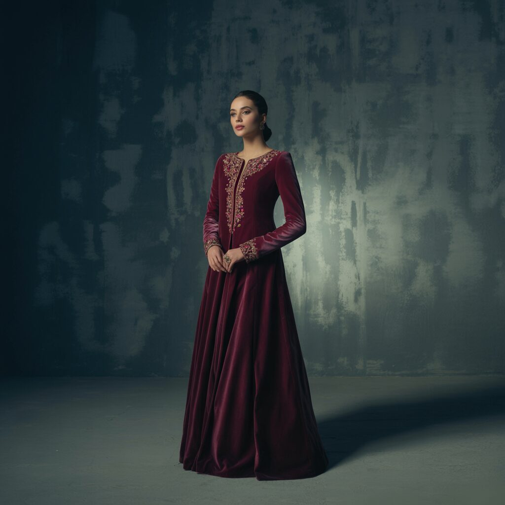 Fancy gala design on burgundy velvet suit featuring zardozi embroidery around the neckline area
