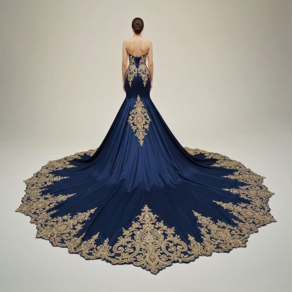 Back view of bridal gown featuring dramatic cathedral length train