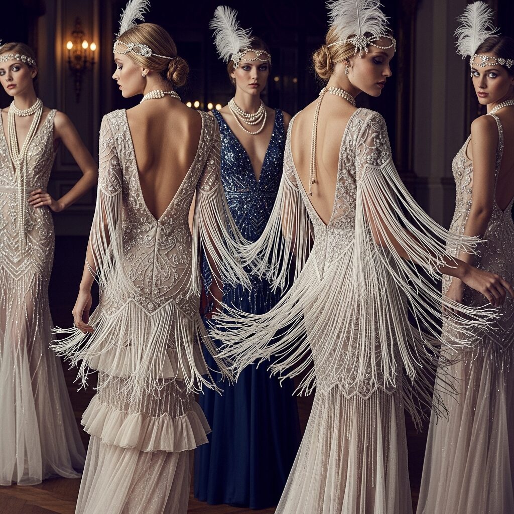 Fringe trim formal dress from the 1920s designed to move gracefully during evening events