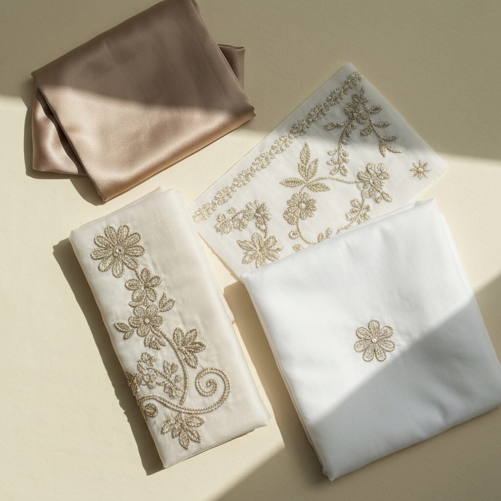 Three gala design fabric samples showing silk organza and cotton lawn with embroidery details
