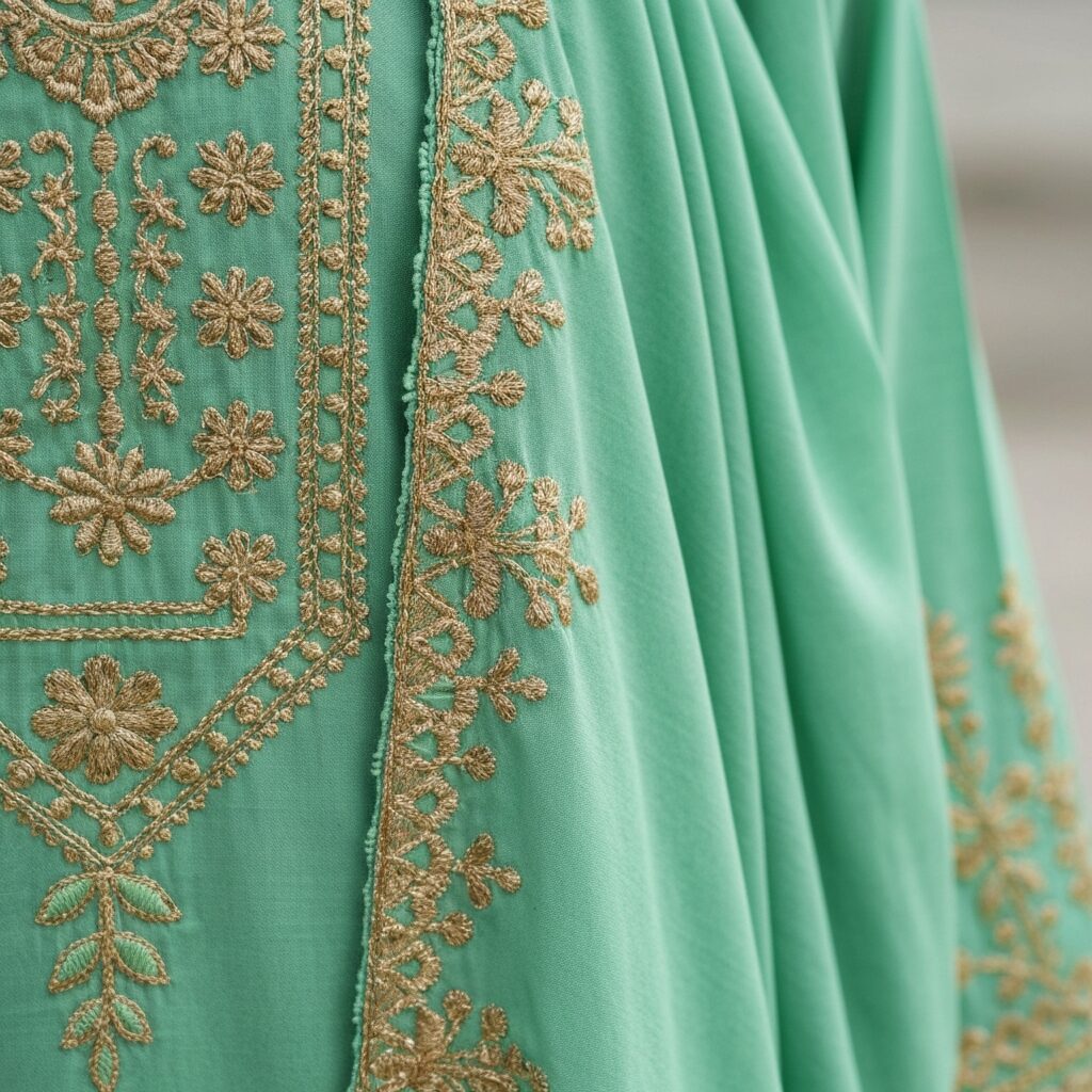 Gala design lawn dress with gold thread embroidery on mint green fabric showing detailed neckline work